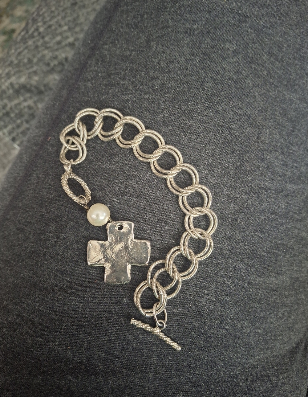 Silver-Tone Cross Charm Bracelet with Pearl Accent
